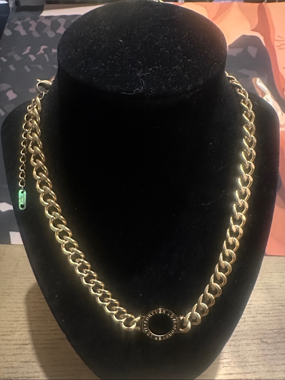 LSJ Gold Chain Link Necklace with Circular Pendant-Forever Love 2in Ext